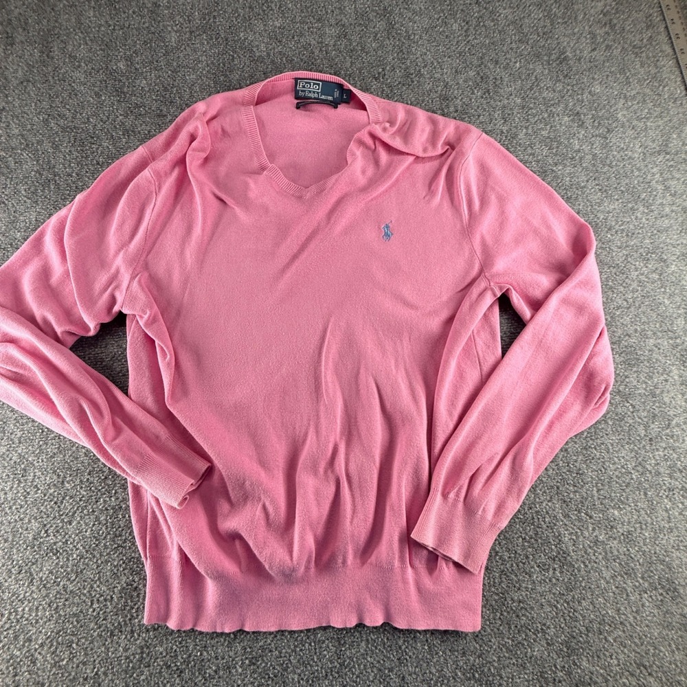Polo Ralph Lauren Mens Pink Pima Cotton V-Neck Sweater Size L Blue Pony Logo